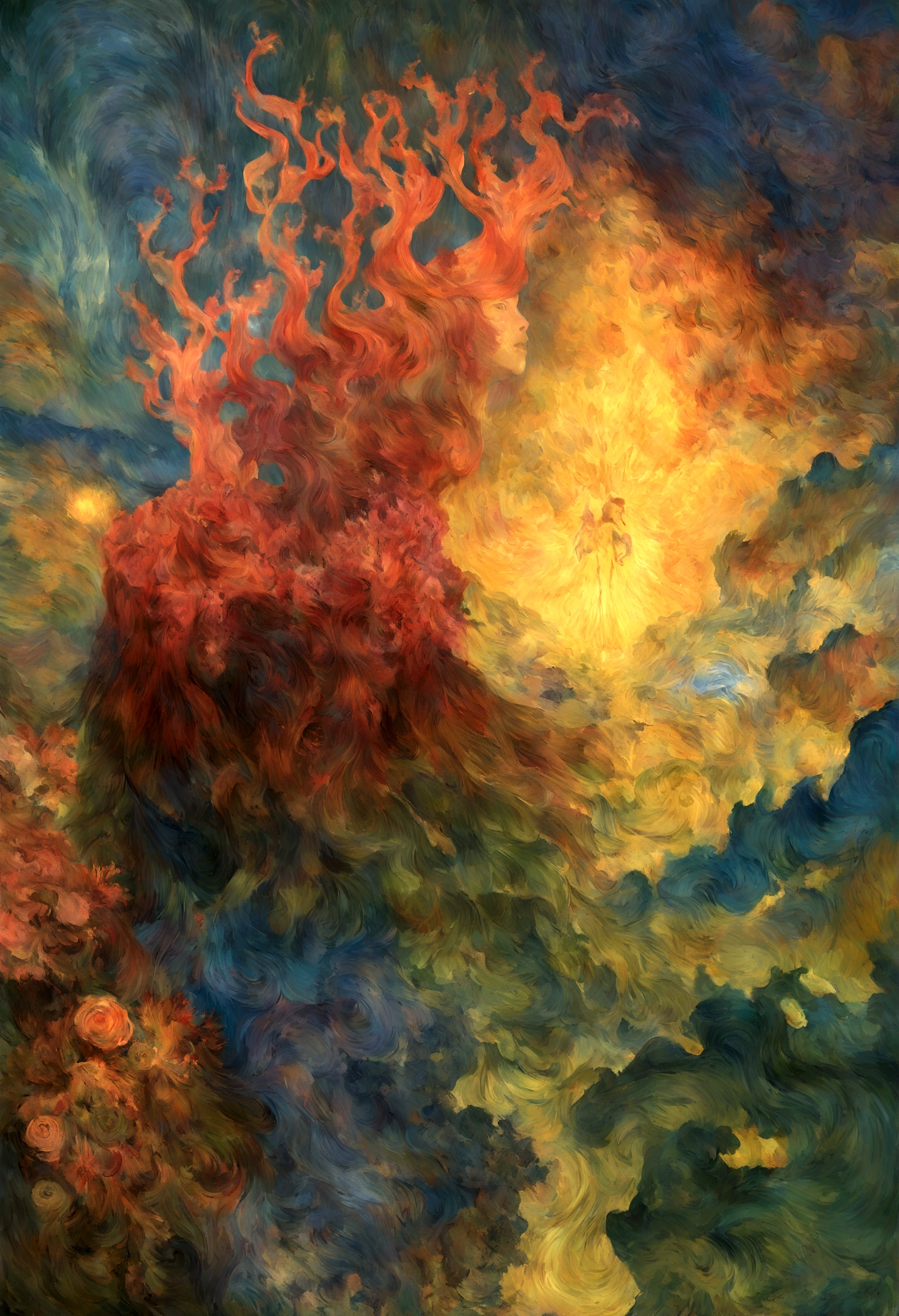 mythological creatures, autor:Zdzislaw Beksinski e Van Gogh, album covers, romantic, surrealismo, futurista ,Satan, coral, mago, abstracted, escuro, Vermelho, inferno, paisagem