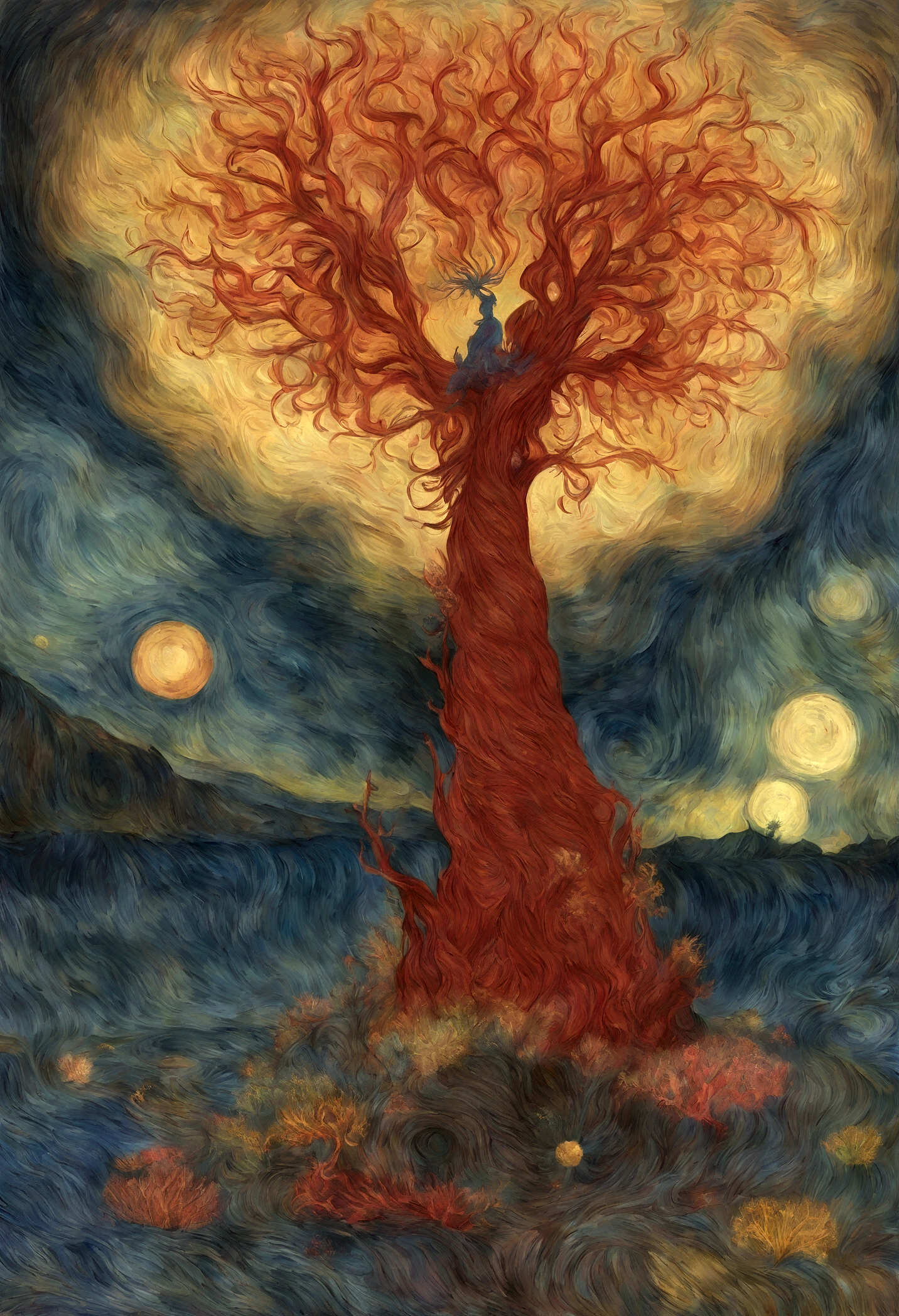 mythological creatures, autor:Zdzislaw Beksinski e Van Gogh, album covers, romantic, surrealismo, futurista ,Satan, coral, mago, abstracted, escuro, Vermelho, inferno, paisagem