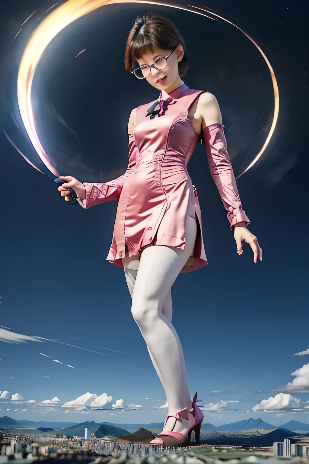 giantess art, highly detailed giantess shots, giantess, Two legs, Five fingers, short hair, A beautiful girl who is bigger than a skyscraper, Wearing rimless glasses, smile, Big Breasts, pink dress, bow, magical girl, holding a magical wand, black pantyhose, pink stiletto heels, thunderbolt from a magical wand, Destroying cities, A very small big city, Miniature metropolis, Full body description, GTS, giga giantess, stomping city, crash city, tiny city, micro city, pantyhose feet, High resolution, highest quality, masterpiece, peeing self,