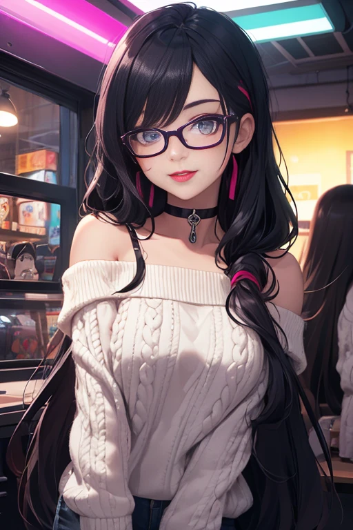 (Best quality, Ultra detailed, Masterpiece:1.2), 1girl, perfect face, female, gamer girl, aqua eyes, beautiful detailed eyes, cherry-red lips, light smile, long black hair, wavy hair, purple streaked hair, purple highlights, bangs, ribbon, choker, nerdy glasses with black lens frame, white off-shoulder sweater, gamer girl's bedroom, nighttime, neon lights, colorful lights