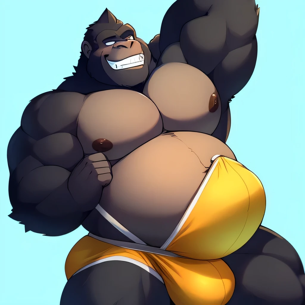 Solo, full frontal, big bulge, light green jockstrap, muscle gut, expanding belly, muscular male, pleased, needy expression, expanding bulge, enlarged breasts. Man, giant, stocky, bearing teeth, gorilla, cumming, sexy pose, gay, nsfw