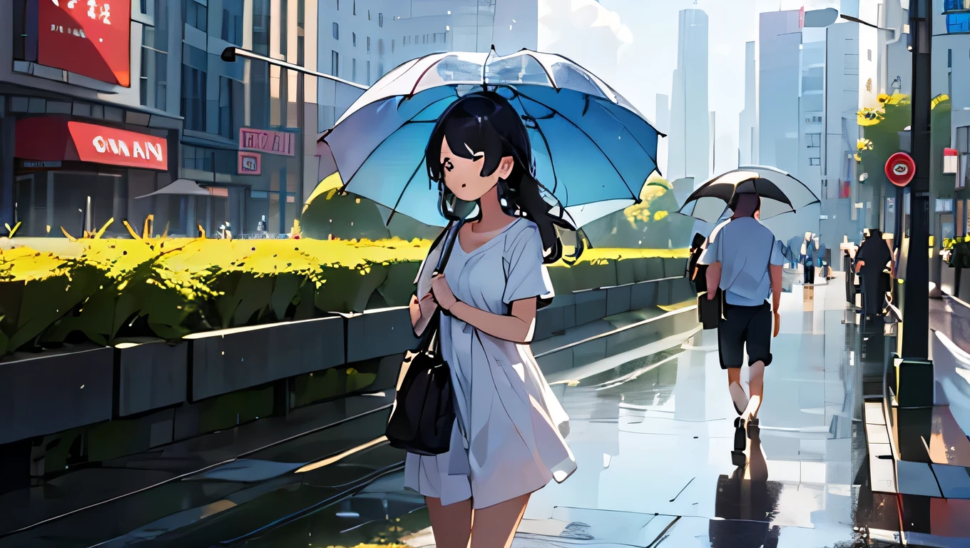 (masterpiece, highest quality, highest quality, Official Art, beautifully), (One girl:1.3),summer,Short sleeve。In the city after the rain、People walking with umbrellas々