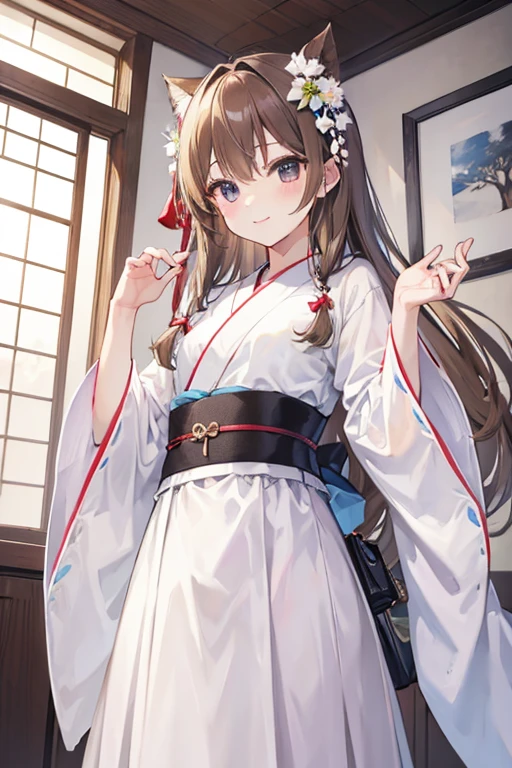 Light brown、Shortcuts、delicate、masterpiece、cute、A light smile、Clothes、beautiful、Full Color、chest、From below、Focus on the eyes、Long Hair、woman、young、Black eyes、Not a kimono、Snazzy、制Clothes、控えめなchest、制Clothes(White is the original blue ribbon、White Shirt、)