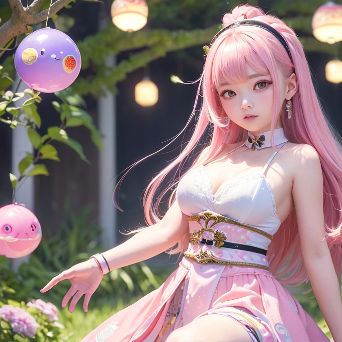1girl, kpop idol, yae miko, detached sleeves, bare shoulders, pink hair, long hair, japanese clothes, best quality, (painting:1.5), (hair ornament:1.35), jewelry, purple eyes, earrings, breasts, torii, cherry blossoms, lantern light, depth of field, detailed face, face focus, ribbon_trim, (looking at viewer:1.25), nontraditional miko, shiny skin, long sleeves, smile, thick lips, game cg, hands on lips, east asian architecture, (blurry background:1.2), sitting, upper body,