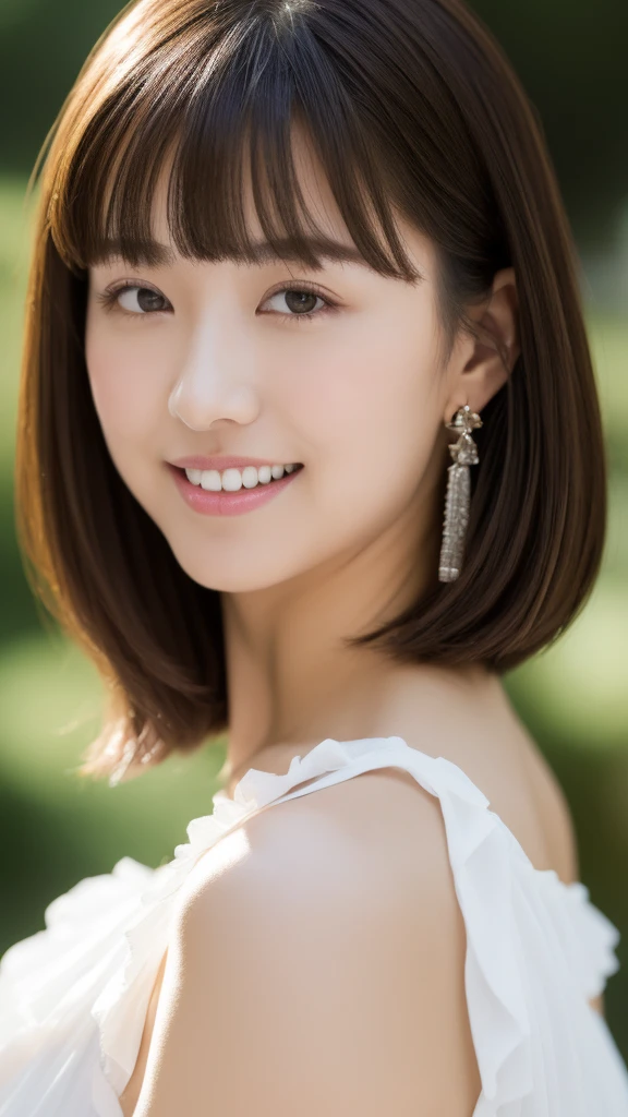 (highest quality, masterpiece, High resolution), Beautiful female model。Sexy pose,。She is wearing a white off-the-shoulder dress with white frills that only covers her breasts.。Shoulders out、A kind smile、Show some teeth。Short Bob Hair、(Bob on the shoulder、Straight Hair、Straight bangs、bangs above eyebrows)、stick out only one ear、Sharp focus、(Light)、clavicle、earrings、necklace、Lightグレーの背景