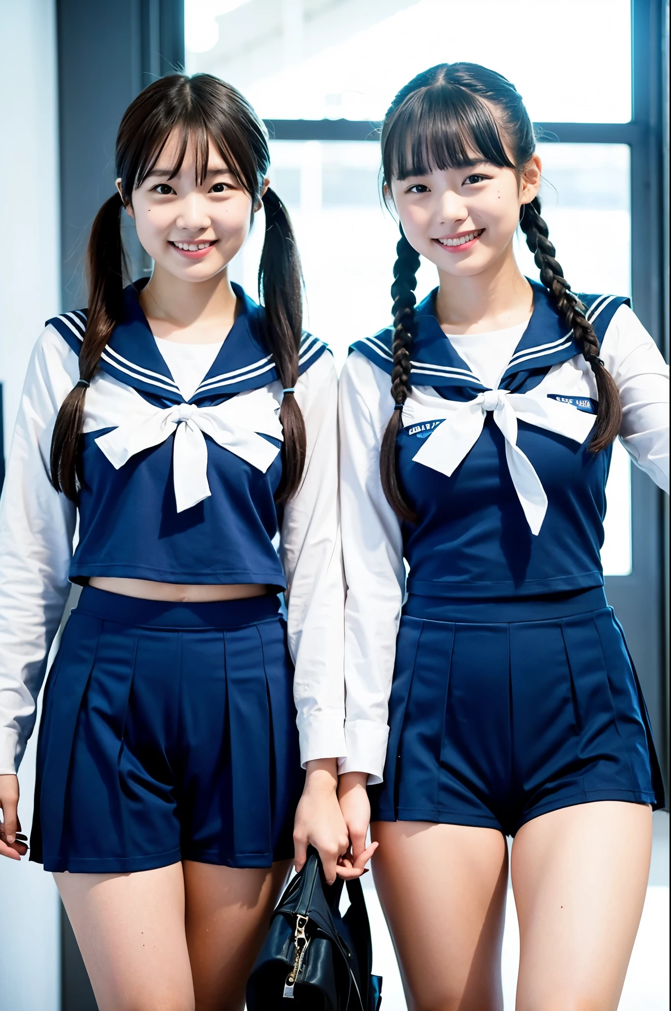 2 girls walking in wooden school classroom,sailor shirt over,BREAK,blue school swimsuit with blue compression semi-long pants,18-year-old,bangs,a little smile,thighs,knees,short hair with low pigtails,from before,front light