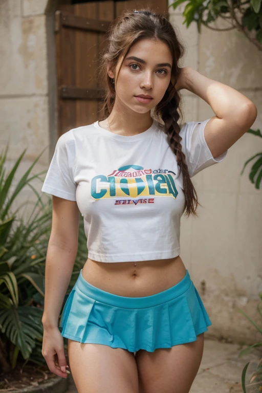 Photo of a 20 year old brunette woman. face facing the camera. ((The body is visible all the way up to the thighs)). (front look. Stand straight facing the camera), head straight. looking at the camera. (full visible up to your thighs). que tiene una cara muy natural, labios finos, Ojos delgados, cejas finas, nariz delgada, Pendientes, long eyeslashes. (t-shirt and skirt). Short Ponytail. Perfect breast. Red. Blue. Green. Pink. Yellow.
