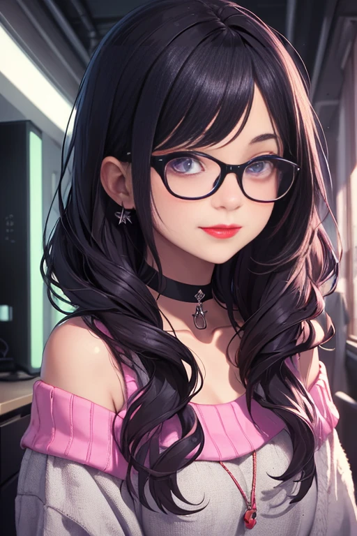 (Best quality, Ultra detailed, Masterpiece:1.2), 1girl, perfect face, female, gamer girl, aqua eyes, cherry-red lips, light smile, long black hair, wavy hair, purple streaked hair, purple highlights, bangs, ribbon, choker, nerdy glasses with black lens frame, white off-shoulder sweater, gamer girl's bedroom, nighttime, neon lights, colorful lights