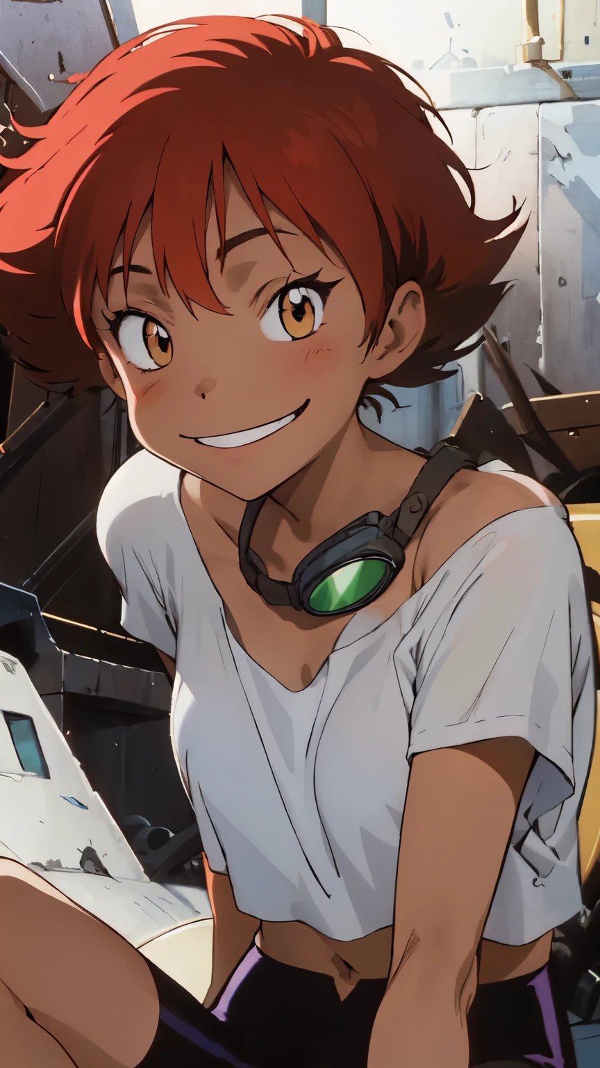 Edward,midriff,orange hair,white shirt,off shoulder,collarbone,tan skin, black bike shorts,goggles, brown eyes, space station,engine room, upper body,sitting, (((lotus position)))smiling, bedroom eyes, breasts, cleavage (insanely detailed, beautiful detailed face, masterpiece, best quality),