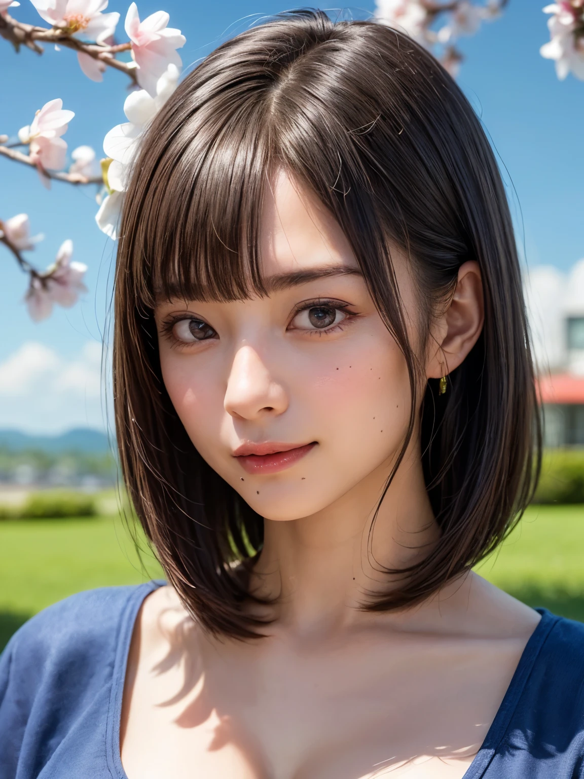 (software:1.8、masterpiece, highest quality),1 girl, alone, hyper Realistic, Realistic,Realistic, Looking at the audience, Light brown eyes:1.4,Brunette Short Bob Hair with highly detailed shiny hair, Japanese Kimono:1.8, Lepangas:1.4), Mouth closed, Upper Body、big chest eye、eyelash、{Huge|big chest|Huge|Mega} whole :2, Chest cleavage:2、(((Add highlights to the eyes:1.4、big chest eye、Short Bob Hair、Glowing Skin:1.4、Looking at the audience、She is very 美しい and cute、Show me your ears、Beautiful long neck:1.8、smile、Close your mouth and smile、Bangs and beautiful teeth)))、Ideal body type、((Very beautiful blue sky and clouds、And a beautiful cherry blossom background:2、Beautiful view of clear blue sky and floating clouds:2、A very beautiful deep blue sky、Vibrant cherry blossoms in the background:2))、Beautiful long neck:1.6、(({Huge|big|Huge|Mega} chest, Chest cleavage:2))、(((Beautiful Bangs:2、Portraiture:2、Face close-up:2、Face close-up:2)))、Perfect Anatomy