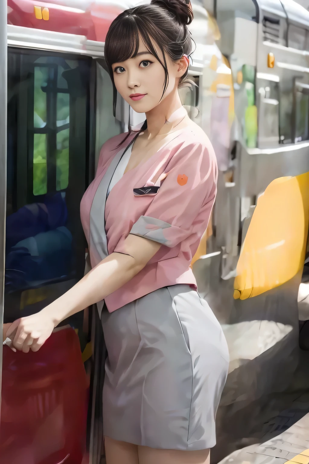 (masterpiece:1.2, highest quality:1.2), 32K HDR, High resolution, (alone、1 girl)、(On the rooftop of a building in the daytime、Professional Lighting)、Building rooftop background、(Nankai train crew uniform pinkを着たリアルスタイル)、(Nankai train crew uniform pink short sleeve collarless pink jacket、Nankai Train Crew Uniform Pink Collarless Short Sleeve Blouse、Nankai Train Crew Uniform Pink Grey Knee-length Culottes)、((The bottom of the pink short-sleeved jacket cannot be tucked into the clay-colored culottes.))、Dark brown hair、(Hair tied up、Hair Bun、Hair Bun)、Dark brown hair、Long Shot、Big Breasts、Thin legs、((Great hands:2.0)),((Harmonious body proportions:1.5)),((Normal limbs:2.0)),((Normal finger:2.0)),((Delicate eyes:2.0)),((Normal eyes:2.0)))、smile、(Nankai Train Crew Uniform Pink Grey Knee-length Culottesを見せた美しい立ち姿)、