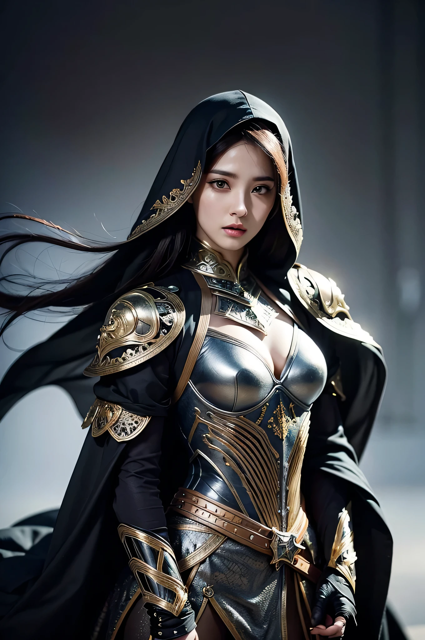 model shoot, (1 woman 30 years old), Islamic warrior, hyper realistic, super detailed, Dynamic shot, masterpiece, scene sharp détails, perfect eyes, perfect skin, perfect hands, fierce leader, battle field
