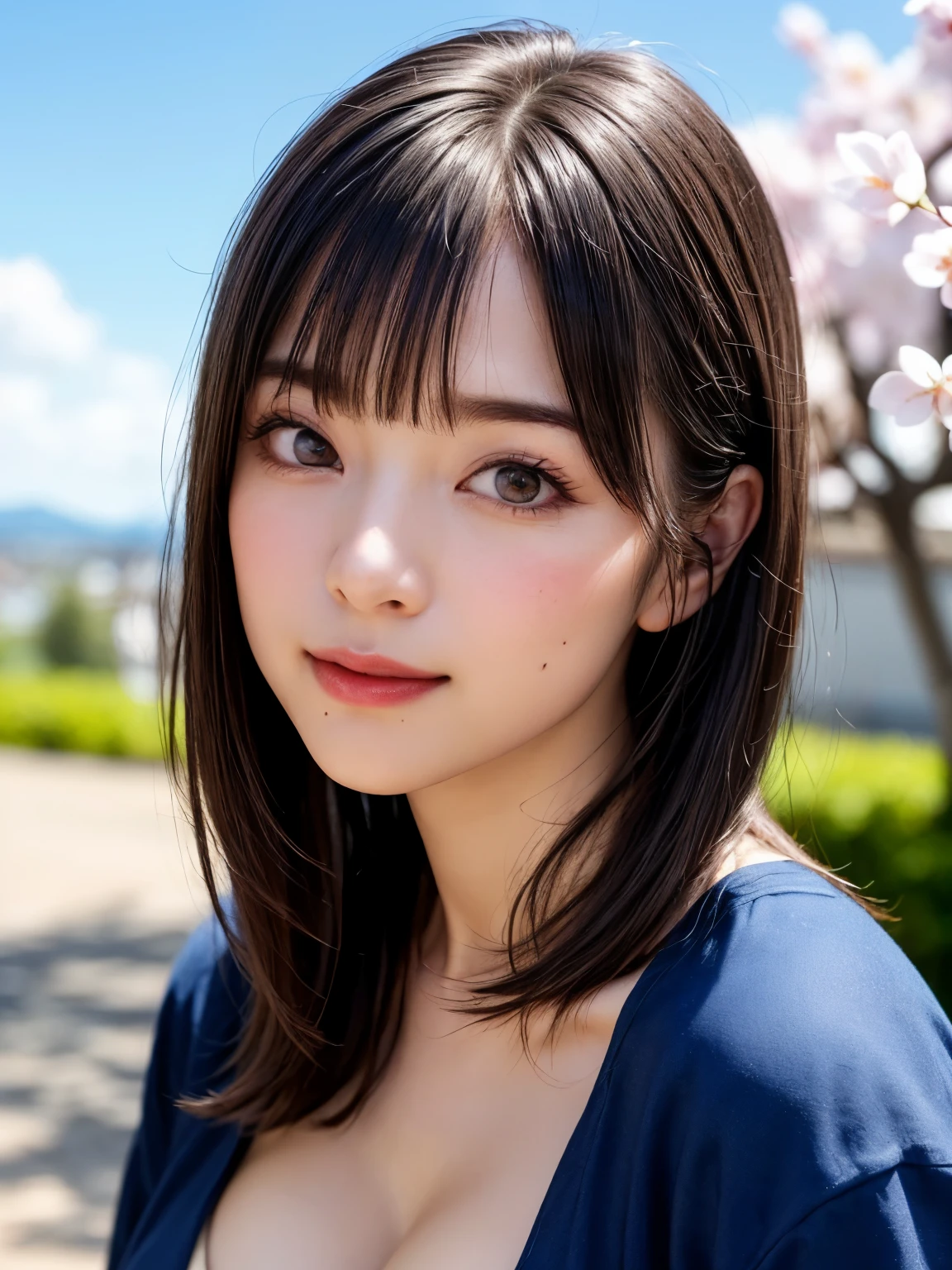 (software:1.8、masterpiece, highest quality),1 girl, alone, hyper Realistic, Realistic,Realistic, Looking at the audience, Light brown eyes:1.4,Brunette Short Bob Hair with highly detailed shiny hair, Japanese Kimono:1.8, Lepangas:1.4), Mouth closed, Upper Body、big chest eye、eyelash、{Huge|big chest|Huge|Mega} whole :2, Chest cleavage:2、(((Add highlights to the eyes:1.4、big chest eye、Short Bob Hair、Glowing Skin:1.4、Looking at the audience、She is very 美しい and cute、Show me your ears、Beautiful long neck:1.8、smile、Close your mouth and smile、Bangs and beautiful teeth)))、Ideal body type、((Very beautiful blue sky and clouds、And a beautiful cherry blossom background:2、Beautiful view of clear blue sky and floating clouds:2、A very beautiful deep blue sky、Vibrant cherry blossoms in the background:2))、Beautiful long neck:1.6、(({Huge|big|Huge|Mega} chest, Chest cleavage:2))、(((Beautiful Bangs:2、Portraiture:2、Face close-up:2、Face close-up:2)))、Perfect Anatomy