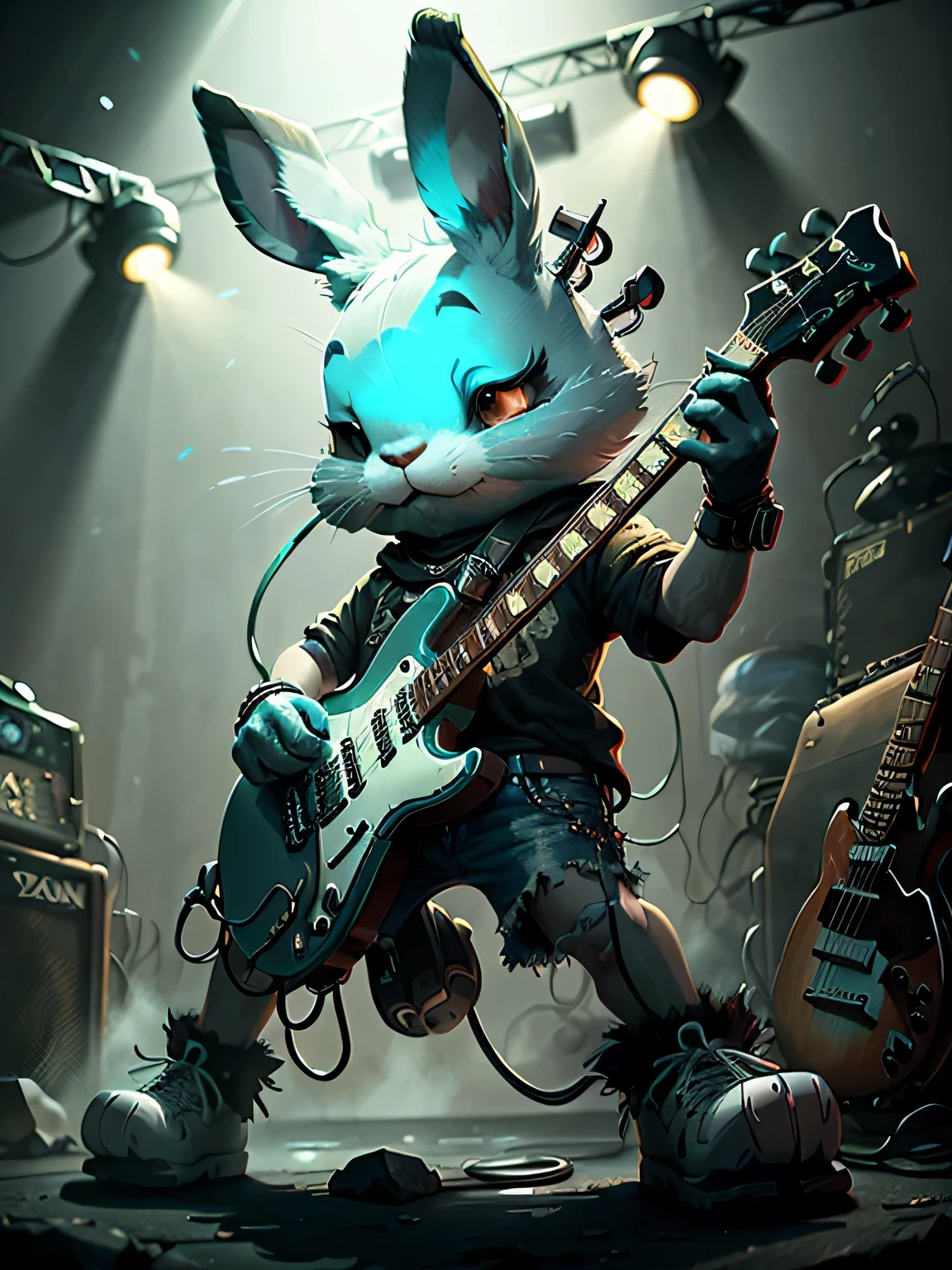 Cartoon of a rock singer playing electric guitar、rabbit(Intense performance)