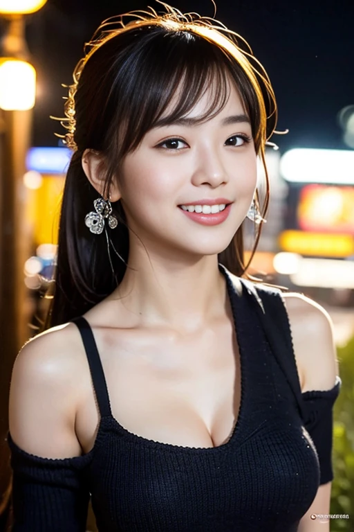 a gorgeous lady, age 18, in an dark-color Asymmetrical Open Shoulder Knit Tight Dress, posing naturally under night sky, dimpled smile, short ponytail, cute snaggleteeth, well-endowed round bosom, photorealistic, beautiful detailed eyes, hyper-realism, high contrast, ultra HD, realistic skin textures, top image quality, top-quality, super high resolution, fine details, very meticulously, bokeh background, close-up shot head to waist