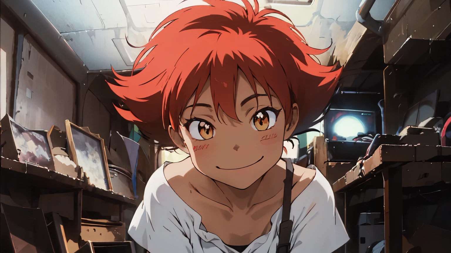 Edward,midriff,orange hair,white shirt,off shoulder,collarbone,tan skin, black bike shorts,goggles, brown eyes, space station,engine room, upper body,sitting, (((lotus position)))smiling, bedroom eyes, breasts, cleavage (insanely detailed, beautiful detailed face, masterpiece, best quality),