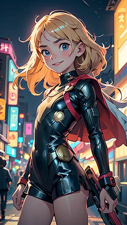 (8k),(masterpiece),(Japanese),(8--old l),((innocent look)),((Petit)),From the front,smile,cute,Innocent,Kind eyes,flat chest, Slender, Thor costume,semi-long,Hair blowing in the wind,Blonde Hair,strong wind,midnight,dark,neon light futuristic city