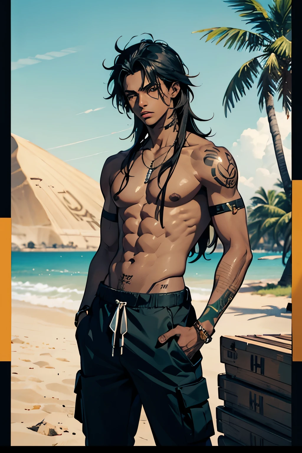 VCS, Vice City stories style loading screen, African femboy, dark_skin, tattoos all over him, sand colored cargo pants, topless, messy long hair
