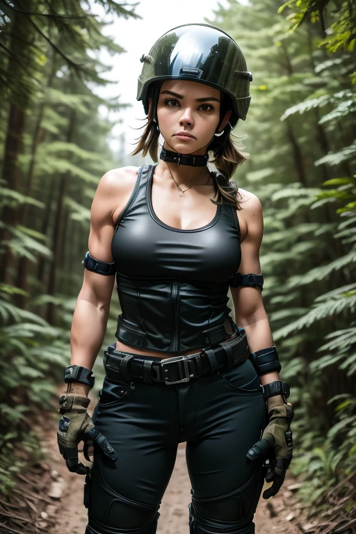 1girl, akirams, tank top, camouflage, gloves, clothes around waist, pants, helmet, knee pads, bare shoulders, spikes, biker clothes, from below crossed arms looking down at viewer, leaning on bike, motorbike, motorcycle, foreshortening