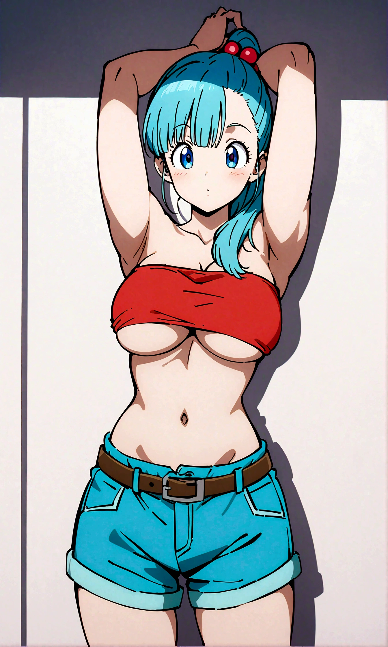 score_9, score_8_up, score_7_up, BREAK from front,upperbody,1girl,bulma, blue eyes, blue hair,bare shoulders, belt, cleavage, hair bobbles, hair ornament, hair over shoulder, (big breast),midriff, navel, one side up, red tube top, shorts, side ponytail, (strapless, tube top,under_boob:1.2),(arms up,arms uo behind,contrapost,standing),masterpiece, best quality, detailed shadows, detailed body, highly detailed, anime coloring.anime style,
