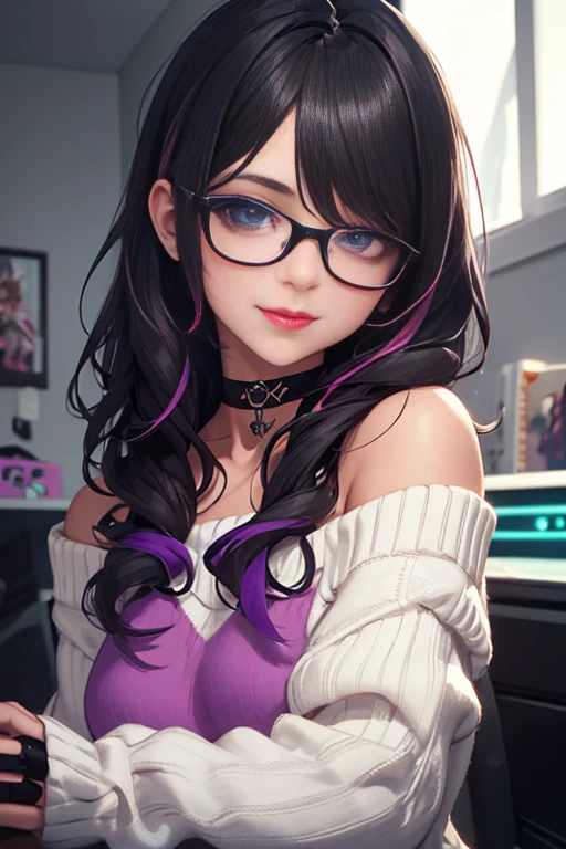 (Best quality, Ultra detailed, Masterpiece:1.2), 1girl, perfect face, female, gamer girl, aqua eyes, cherry-red lips, light smile, long black hair, wavy hair, purple streaked hair, purple highlights, bangs, ribbon, choker, nerdy glasses with black lens frame, white off-shoulder sweater, gamer girl's bedroom, nighttime, neon lights, colorful lights