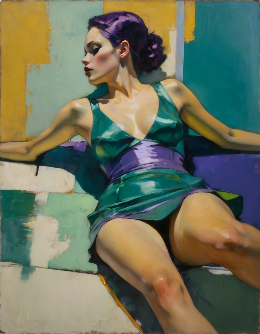 painting of a woman in green dress sitting on a yellow and purple surface, michael carson, malcolm liepke, liepke, lita cabellut, glen orbik, glenn barr, by Michael Sittow, figurative painting, malcom liepke, brett amory, inspired by Moses Soyer, by Robert Lenkiewicz, by David Donaldson