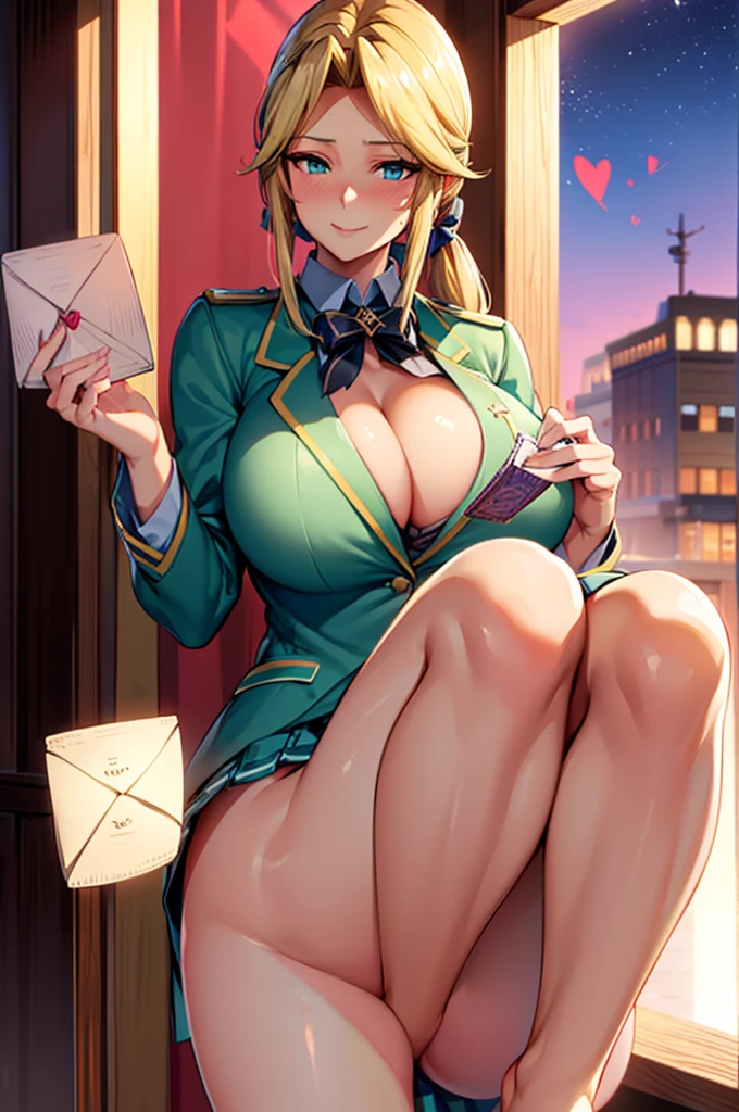 8k(high school girl:1.5),8k(uniform,blazer:1.5),woman,Huge boobs,Huge breasts Huge breasts,とても唇が赤いHuge breastsを強調,Big Ass,Narrow waistLong legs,Green Eyes, Huge boobs,Huge breasts, Huge breasts,とても唇が赤いHuge breastsを強調,Big Ass,Narrow waist,Long legs, Greenish blue eyes 8k( A relaxed smile:1.5)8k( A slightly shy smile:1.5)Anime-style face, good facial expression, splashing sweat 8k(handing over a love letter:1.5)(Light from the window,Diamond dust)