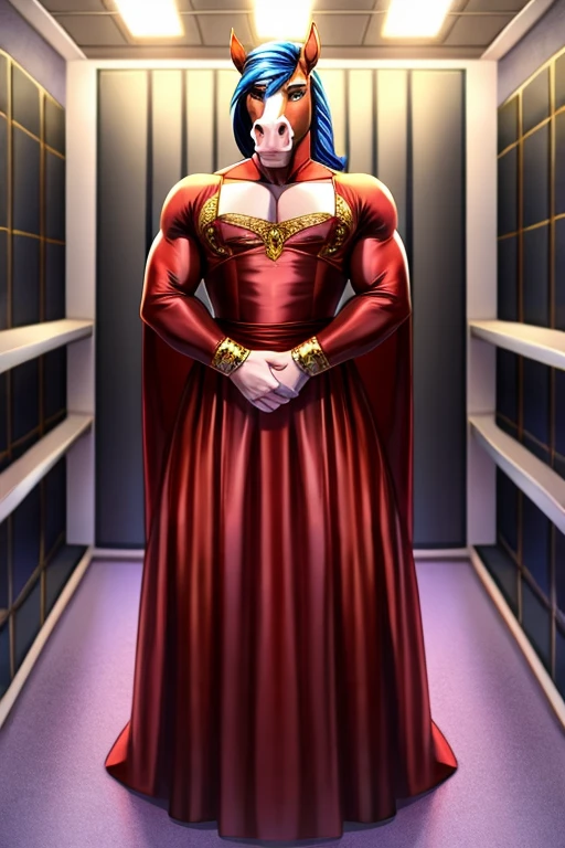 Masculine drag queen anthro male horse wearing dress in cell room background