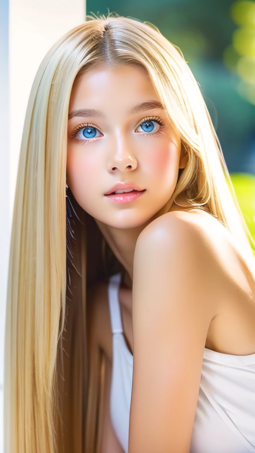 Transparent white glossy skin、Wind-blond hair falls in front of her pretty face、Ample Bust、Cute 15 year old blonde beauty、Beautiful Face、Beautiful super long straight hair that stands out、Big, bright, light blue eyes that shine beautifully、Silky bangs that cover large eyes, Sexy face hiding hair super long hair sexy、Cute young woman with long natural blonde shiny light hair、Round face