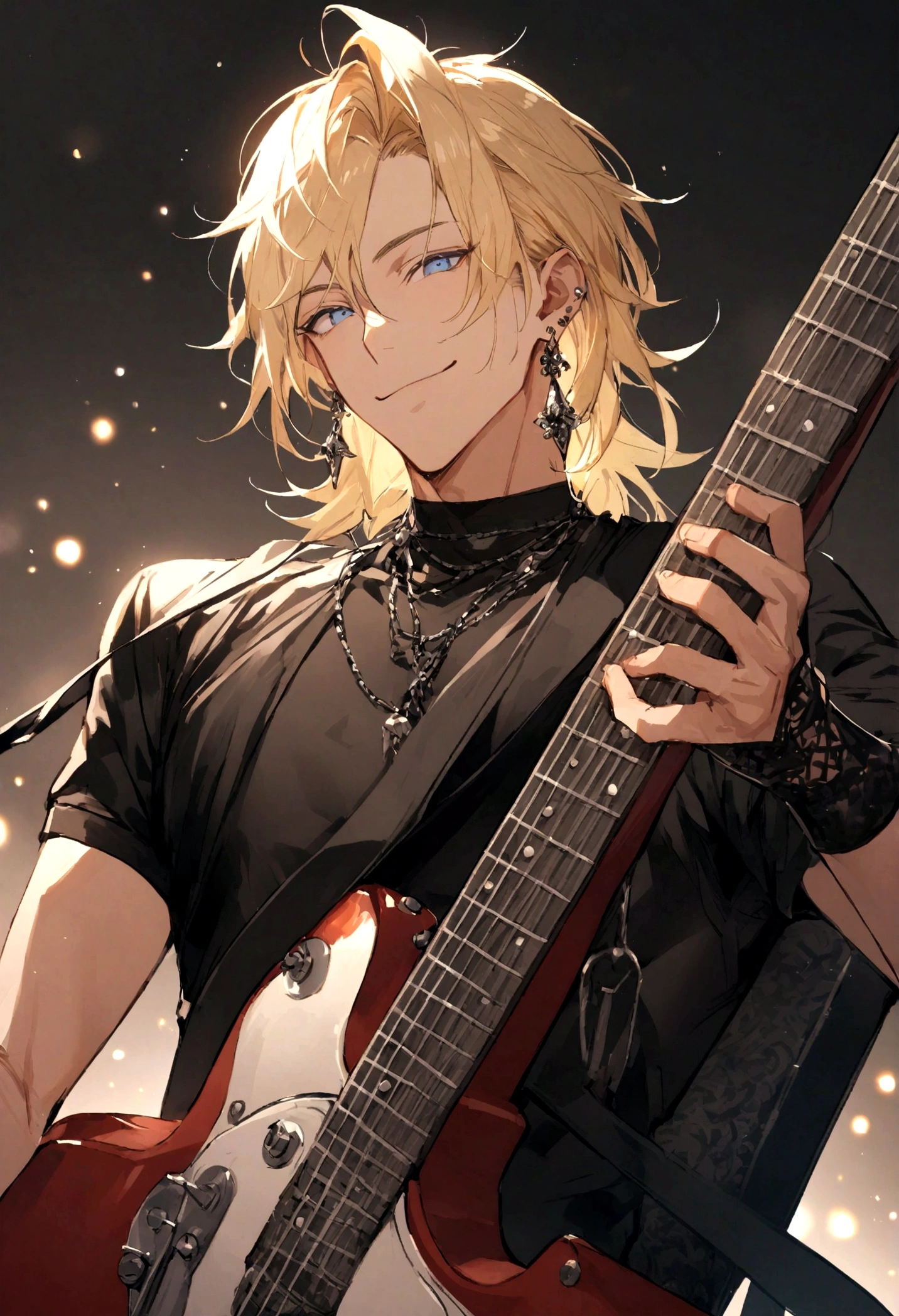 Beautiful young man, blond hair, black sleeveless hoodie, black headband across forehead, playful expression, looking at camera, microphone in one hand, stage background, green stage lights, gradient background,high quality, amount of drawing, pixiv illustration