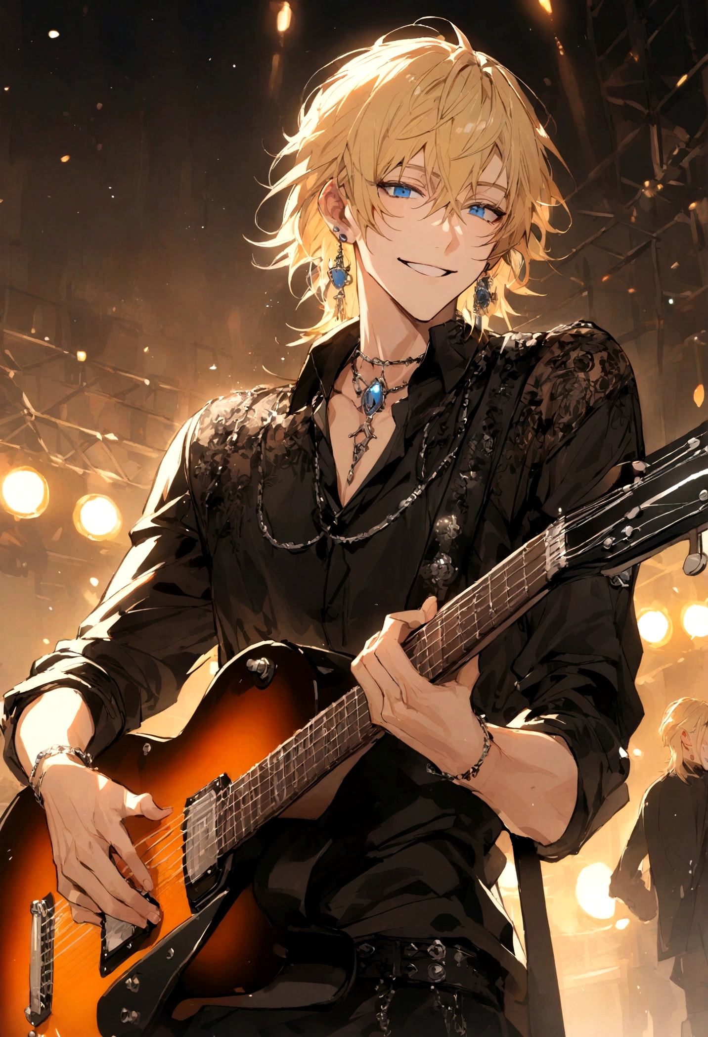 male with blond hair, blue eyes, earrings, smiling, black shirt like a rock singer. guitar on his back.