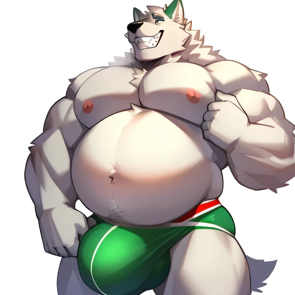 Solo, full frontal, big bulge, light green jockstrap, muscle gut, expanding belly, muscular male, pleased, needy expression, expanding bulge, enlarged breasts. Man, giant, stocky, bearing teeth, white wolf, cumming, sexy pose, gay, nsfw
