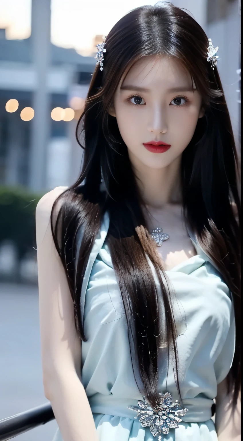  night, Deep blue sky, Purple, 淡Purple连衣裙, Long skirt at chest, long black hair, long hair and waist, Beautiful girl, God, god, White headdress, Sitting on the railing, hair, side fringe, scarf, hair ornament, Forehead Gem, Baolai Jewelry Branch, crescent hair ornament, fish hair ornament, God ray, flash, movie lighting, Lens flare, Ultra HD, High Detail, high quality, high resolution, best quality, 8K, 16K, High Detail, high quality, high quality, Super Detail, Anatomically correct, masterpiece, precise