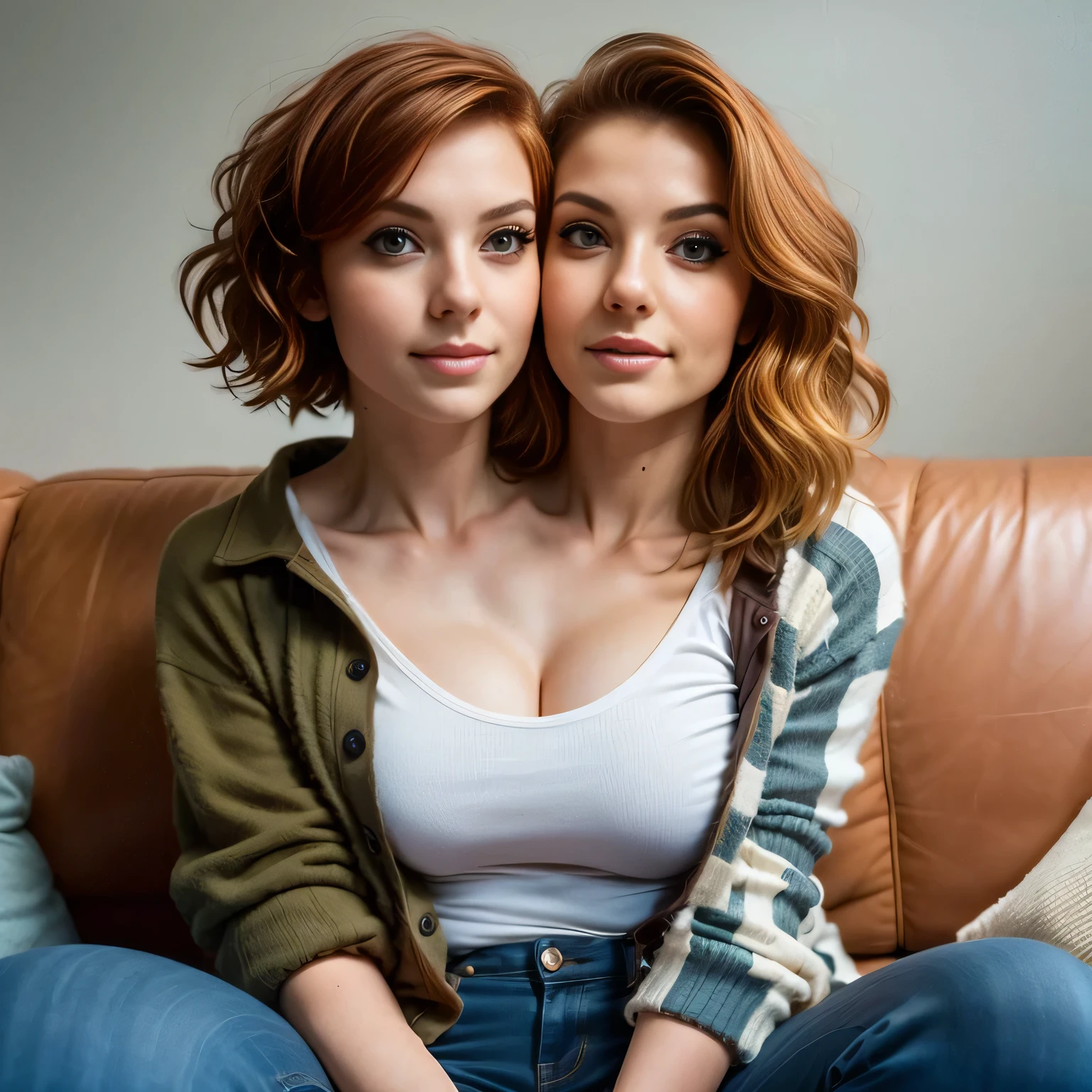 best resolution, 2 heads, two different people conjoined, different heads, long hair, blonde hair, red hair, eyeliner, 25 years old, cute, flirting, horny, sexy, sitting on couch at home, waiting for you to join them