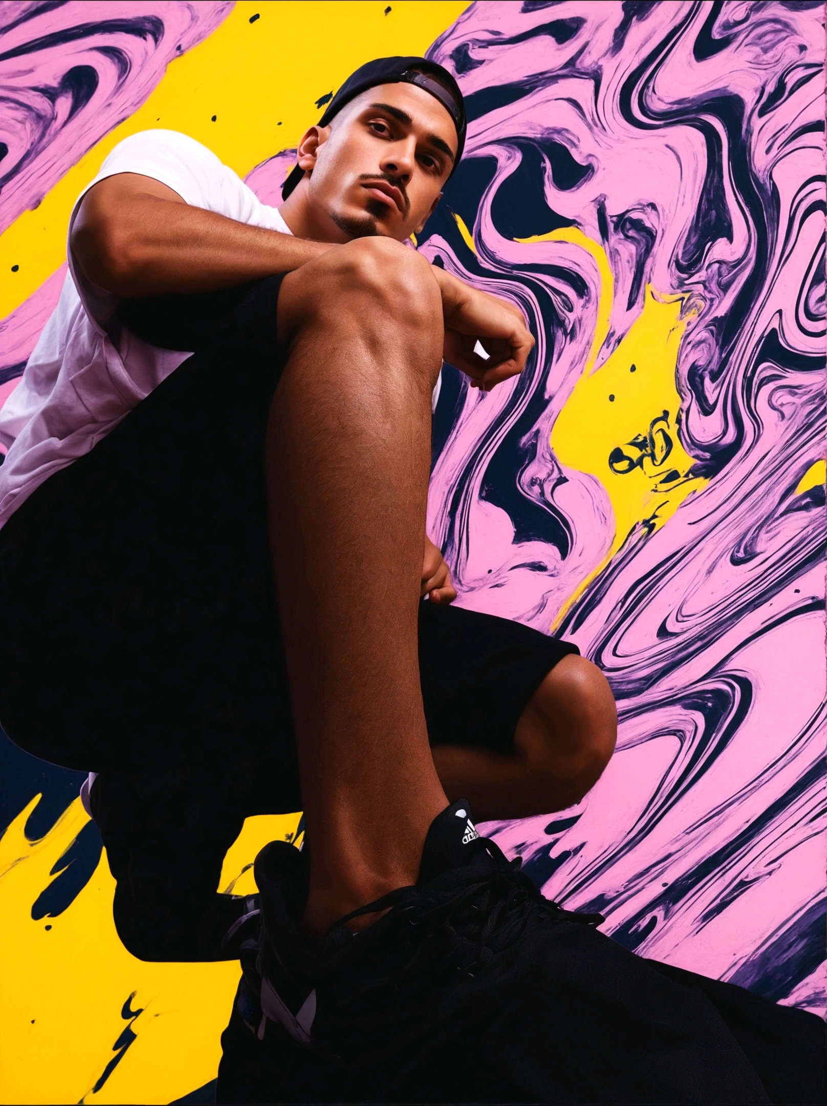 homem arafiado sentado em um skate em frente a uma parede colorida, pingando em tinta neon, alto contraste colorido, foto de retrato, inspirado por Abraham van Calraet, retrato cmyk, vaporwave de hip hop, pose expressionista estranha, pintura adidas, alto contraste vibrante, fotografia de retrato, Magical Fauvism, sitting in cosmic cloudscape, hiperrealismo colorido