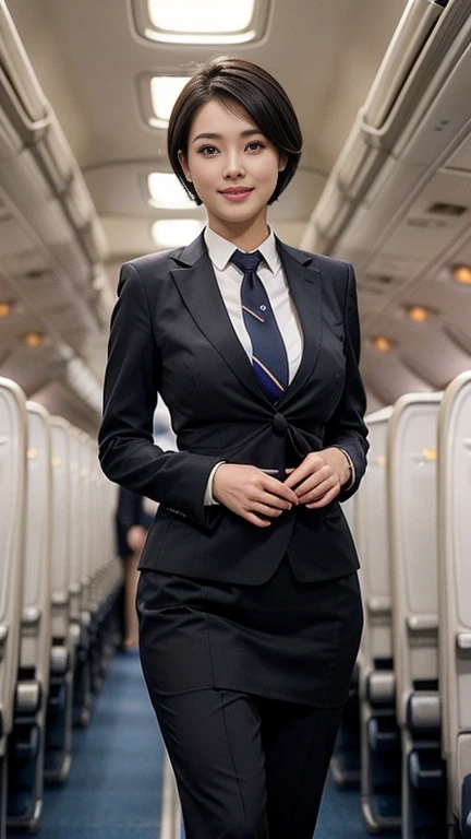 1beautiful womanl, 28years、hyperdetailed face、Detailed lips、A detailed eye、double eyelid、(Black bob hair、Smiling while walking gracefully down the aisle)、(Stewardess uniform:1.2)、((beautiful tie)) (Glamorous body)、(Colossal tits)、((short-cut hair))、（large full breasts）（big butts）（Plump body）（plump body shape）（ large full breasts）((J-Cup))、((not SEXY))、highs thighs thighs thighs, Perfect fit, Perfect image realism, Background with: (Business Class aisle on airplanes:1.2), Cowboy Shot, Meticulous background, detailed costume, Perfect litthing、Hyper-Realism、(Photorealsitic:1.4)、8K maximum resolution, (​masterpiece), ighly detailed, Professional