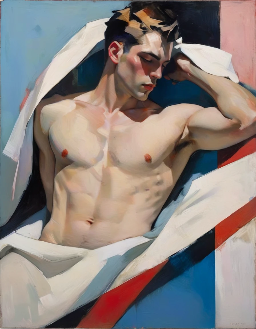 chiaroscuro technique on sensual illustration of an arafed man resting in white blanket, sexy masculine, model with attractive body, inspired by Ludovit Fulla, mid-shot of a hunky, the model draped in flowing, thick oil painting by Harumi Hironaka, extremely soft colors, vibrant, highly detailed, malcolm liepke painting, oil on canvas, high contrast, dramatic, refined, tonal, Create high contrast between light and shadow by Leon Polk Smith, memphis abstract minimal art, graphic shapes, minimal art, blue and red, minimal art style, bauhaus art, inspired by El Lissitzky, bold simple shapes, shadow