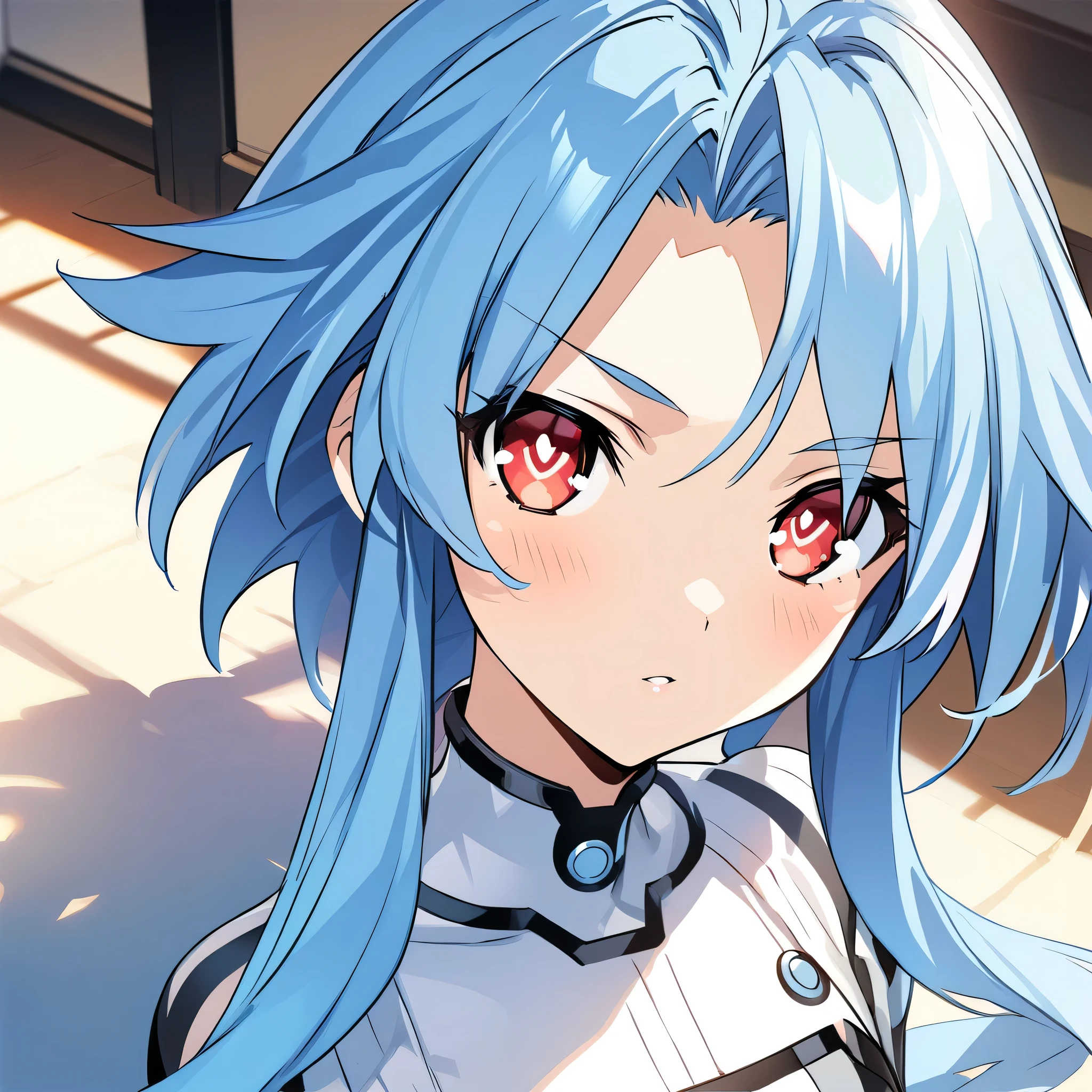 (masterpiece),(best quality),(ultra-detailed),(best illustration),(best shadow),(absurdres),(detailed background),(very aesthetic), tsunako artstyle, white heart, flat chest, red eyes, white hair, blue hair, red eyes, symbol shaped pupils, power symbol, very close-up, portrait, 