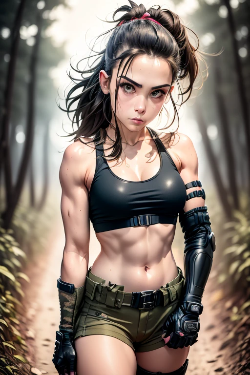 1girl, akirams, tank top, camouflage, gloves, clothes around waist, pants, helmet, knee pads, bare shoulders, spikes, biker clothes, from below crossed arms looking down at viewer, leaning on bike, motorbike, motorcycle, foreshortening