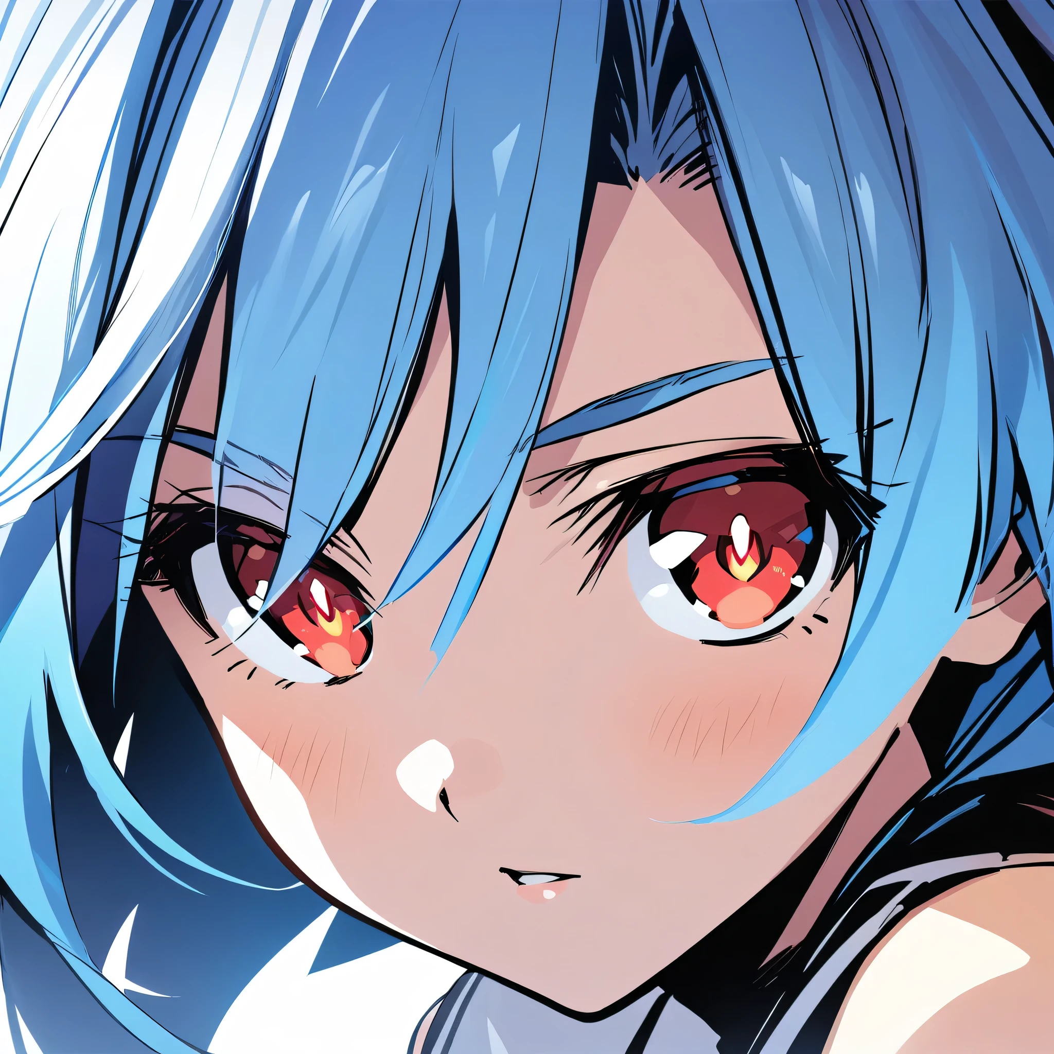 (masterpiece),(best quality),(ultra-detailed),(best illustration),(best shadow),(absurdres),(detailed background),(very aesthetic), tsunako artstyle, white heart, flat chest, red eyes, white hair, blue hair, red eyes, symbol shaped pupils, power symbol, very close-up, portrait, 