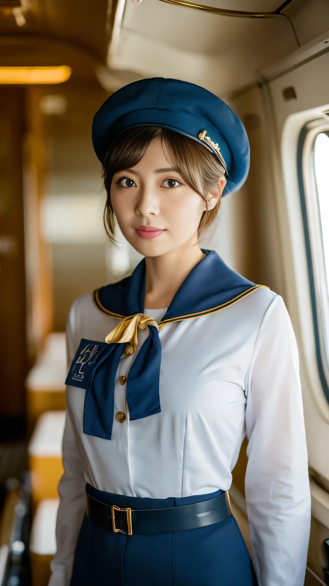 (8k, best quality, masterpiece, golden ratio composition,:1.3), (Zoom out shot:1.2), (A beautiful Japanese mature woman dressed in a classic flight attendant uniform, uniform is navy blue with a matching small beret, white blouse, red neck scarf, neatly styled hair ,light makeup), (huge breasts), standing in an airplane cabin