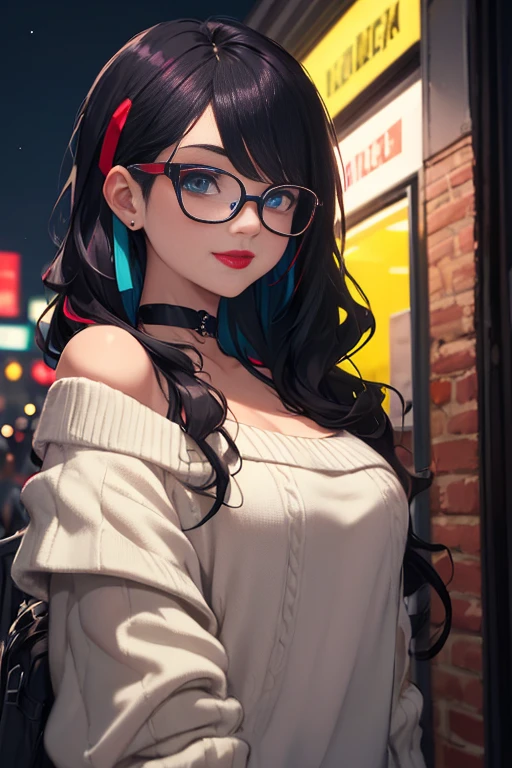 (Best quality, Ultra detailed, Masterpiece:1.2), 1girl, perfect face, female, gamer girl, aqua eyes, cherry-red lips, light smile, long black hair, wavy hair, purple streaked hair, purple highlights, bangs, ribbon, choker, nerdy glasses with black lens frame, white off-shoulder sweater, gamer girl's bedroom, nighttime, neon lights in the background, colorful lights