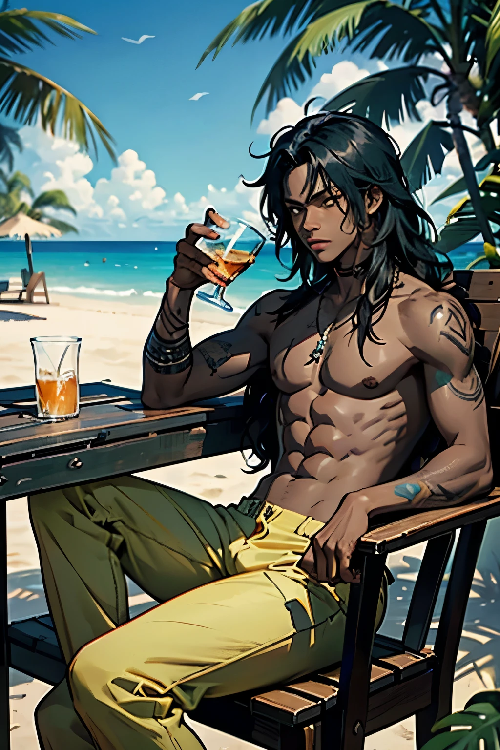 VCS, Vice City stories style loading screen, African femboy, dark_skin, tattoos all over him, sand colored cargo pants, topless, messy long hair, jungle beach, sitting on chair, drinking glass, explosion far away at sea