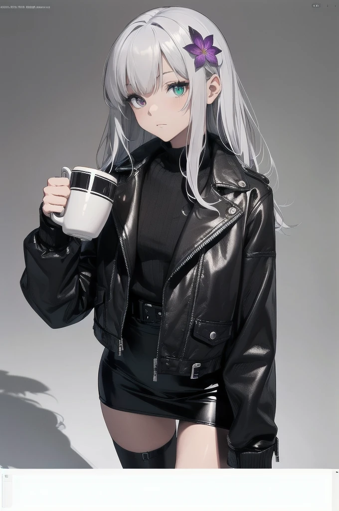 (masutepiece:1.3),(Best Quality:1.2),8K,absurderes,Unity 8K Wall Papper,(Extremely detailed:1.3),highest grade, Clothes are simple), (flat illustrations:1.4), (Best Impact:1.5), (minimalism:1.7), Vivid contrast, (Realistic), hyperrealistic illustrations, hight resolution, ultra-detailliert, absurderes,
1girl in, alone, beautiful girl, she is high fashion model, she posing for high fashion magazine photoset, Bright red and silver heterochromia Eyes, perfect eyes, nice eyes, high detailed face, 21 years old, long black leather jacket,cool black leather miniskirt with dark flower ornament, character chart, highres, silver straight cutted bangs, silver straight cutted hair, holding cup of tea, very detailed , long black leather jumper, BREAK,bold outline,flat color,fine pppppppp outline,flat, nice hands, perfect hands,