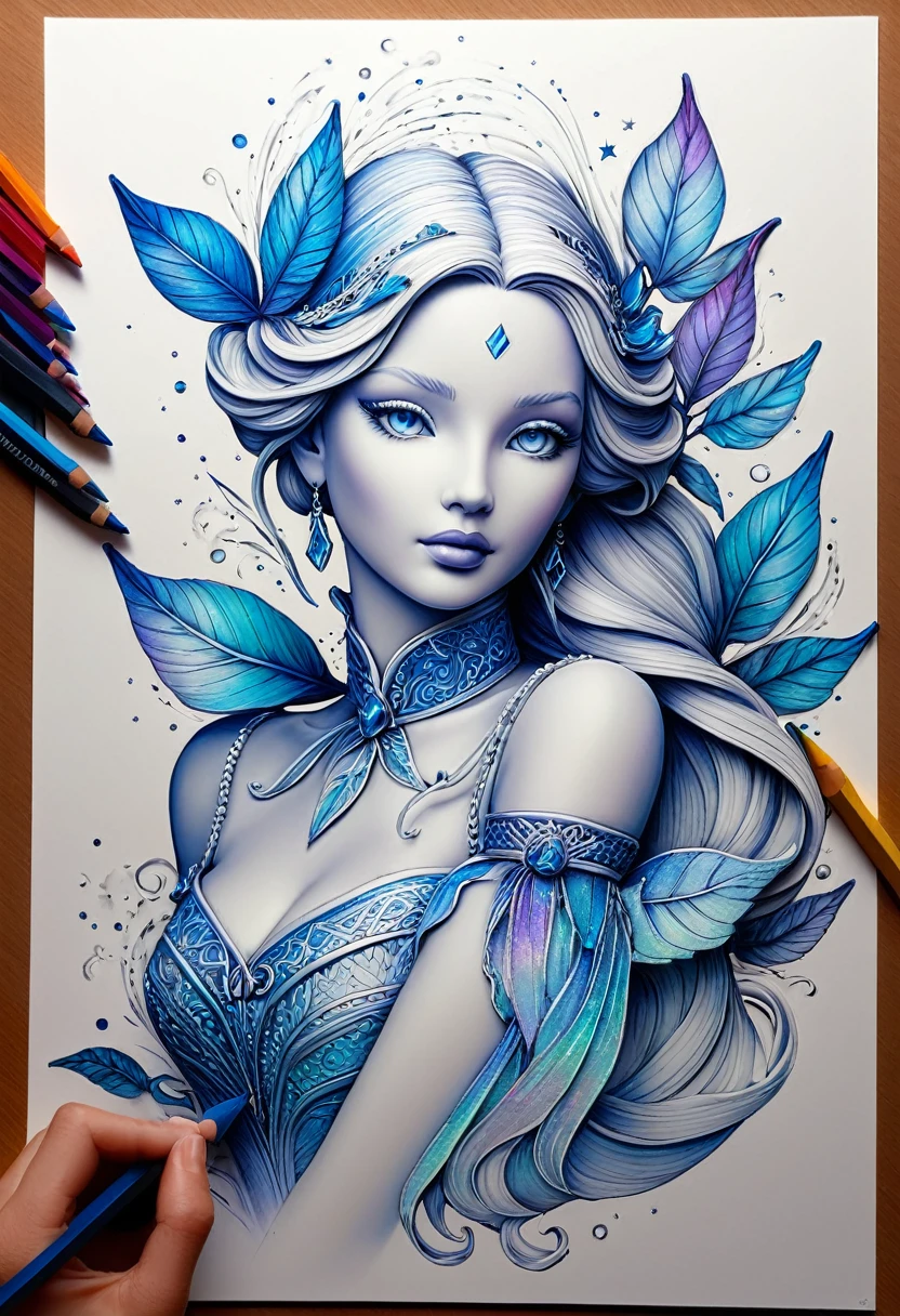 Dessin d'une sublime figurine 4D qui se dessine elle même, style encre uhd époustouflante et à couper le souffle, effet holographique volumique qui semble sortir de la feuille de dessin, son bras droit sort de la feuille en volume, sa main droite tient un vrai crayon qui dessine la figurine