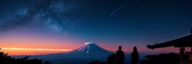 The night sky is deep purple、dark blue、And it is filled with a gradation of coral colors.。In the distance, Mt. Fuji stands majestically.、A traditional five-story pagoda stands quietly nearby.。In the foreground、Two figures, a man and a woman、A silhouette is depicted looking up at the night sky.。The colors of the night sky and the Japanese landscape blend together、Draw a beautiful and tranquil scene。