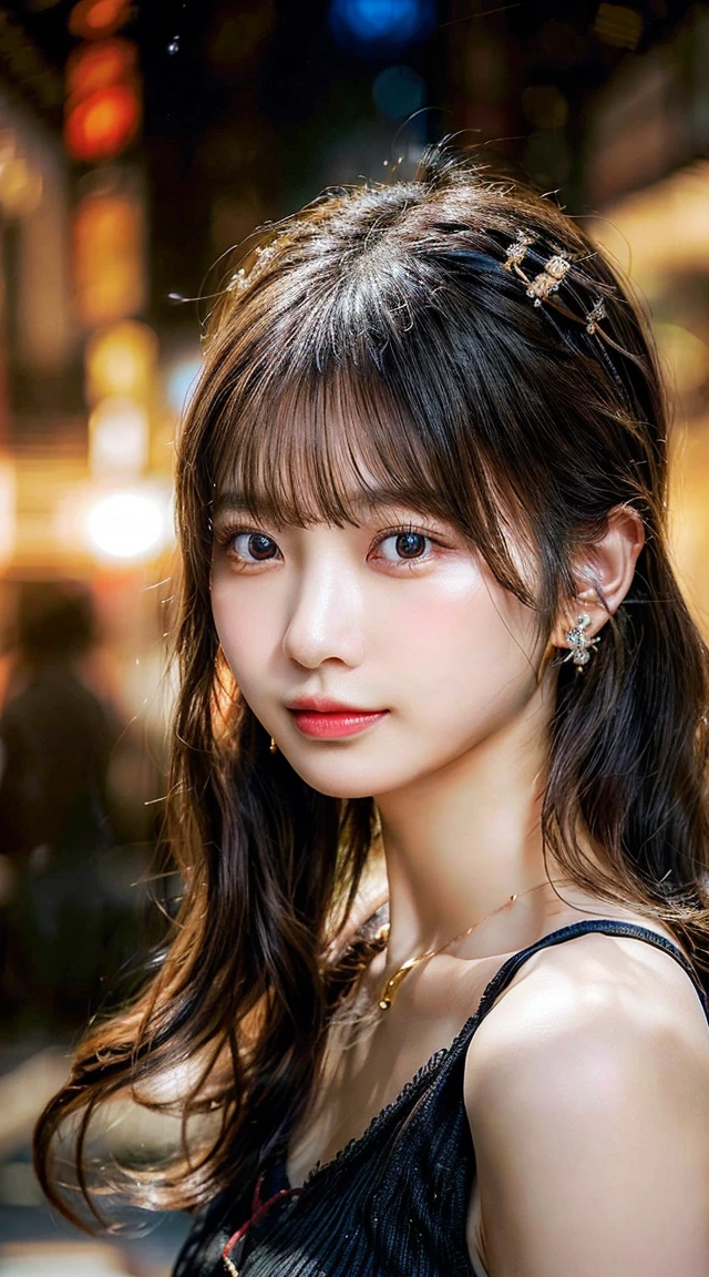 A beautiful young Japanese woman, 20 years old, with detailed skin and a gorgeous face, wearing jewelry including earrings, standing solo in a photorealistic scene with fire effects, ultra-high resolution, best quality, and masterpiece-level details.