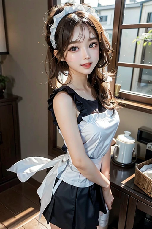 Masterpiece, best picture quality, one beautiful girl, detailed eyes, swollen eyes, brown hair, long hair, fair skin, cute, cute legs, short skirt, Japanese woman, Asian beauty, moonlight, strong eyes, professional lighting, bright lighting, double eyelids, slender, Japanese woman, Asian beauty, short skirt, huge smile, sweat, fresh, cute white apron with frills, bright white bedroom, looking front, close-up, young face,