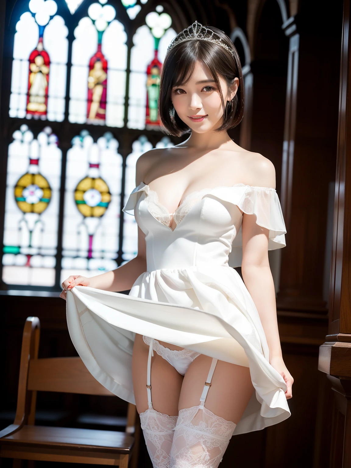 (Best quality: 1.5), (Realistic: 1.5), (1 person: 1.5), full body, Highly detailed, High resolution, 8k, Natural colored lips, Cute smile, Japanese woman, 20-year-old girl, beautiful and elegant features, perfect and beautiful face, large eyes with good balance between the left and right sides, brunette eyes, beautiful and elegant features, beautiful double eyelids, beautiful thin nose, beautiful skin, fair skin, (medium bob hair), (natural bangs), bob hair, perfect and beautiful face, slim face and figure, (looks at the camera with a sweet smile), Wearing a luxury bridal tiara, (wearing a white off-shoulder wedding dress), (sexy wedding dress), lace white gloves, bridal veil, (White color micro mini skirt dress), (stand with your legs apart:1.2), (skirtlift:1.2), Hold up the hem of your skirt with your hands, (Sexy Panties:1.2), Medium breasts, Beautiful standing posture, (Beautiful cleavage), There is a large beautiful stained glass window, Cathedral, (The best lighting:1.5), (garter belt), (knee-length lace stockings with lace),