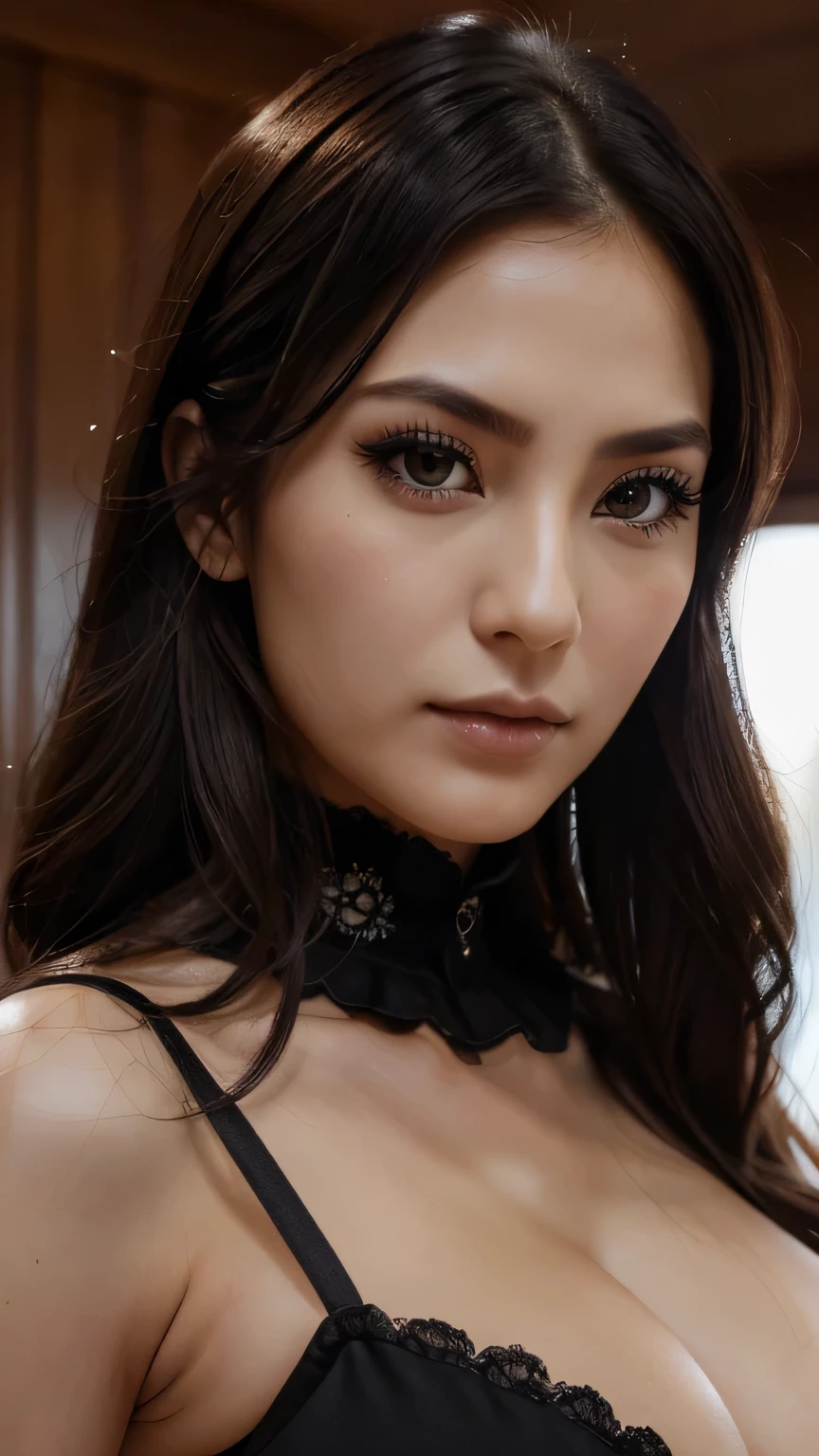((A 30-year-old woman wearing a Black Gothic dress))、 Unparalleled beauty、(Face close-up)、masterpiece, 最high quality, high quality, High resolution, Highly refined muscles、Very detailed、Detailed skin texture、Intricate details、Depth of written border、Bright lighting、(Lighting from below)、Beautiful Face、(Realistic Face)、Realistic eyes、Beautiful fine grain、Realistic Skin、Beautiful Skin、Ultra-realistic、Very detailed、Golden Ratio、The most beautiful images in the world, Location was great.、(Cinema Lighting)、Detail emphasis, Beautiful lighting、Sharp focur.々A pose、超Detailed face、Fine grain、Increased hair growth、Brown Hair、Long Hair、Beautiful Hairstyles、Detailed face、(Big Breasts)、Incredibly stupid, It seems ridiculous., ((Black Gothic dress))、((Face close-up))、